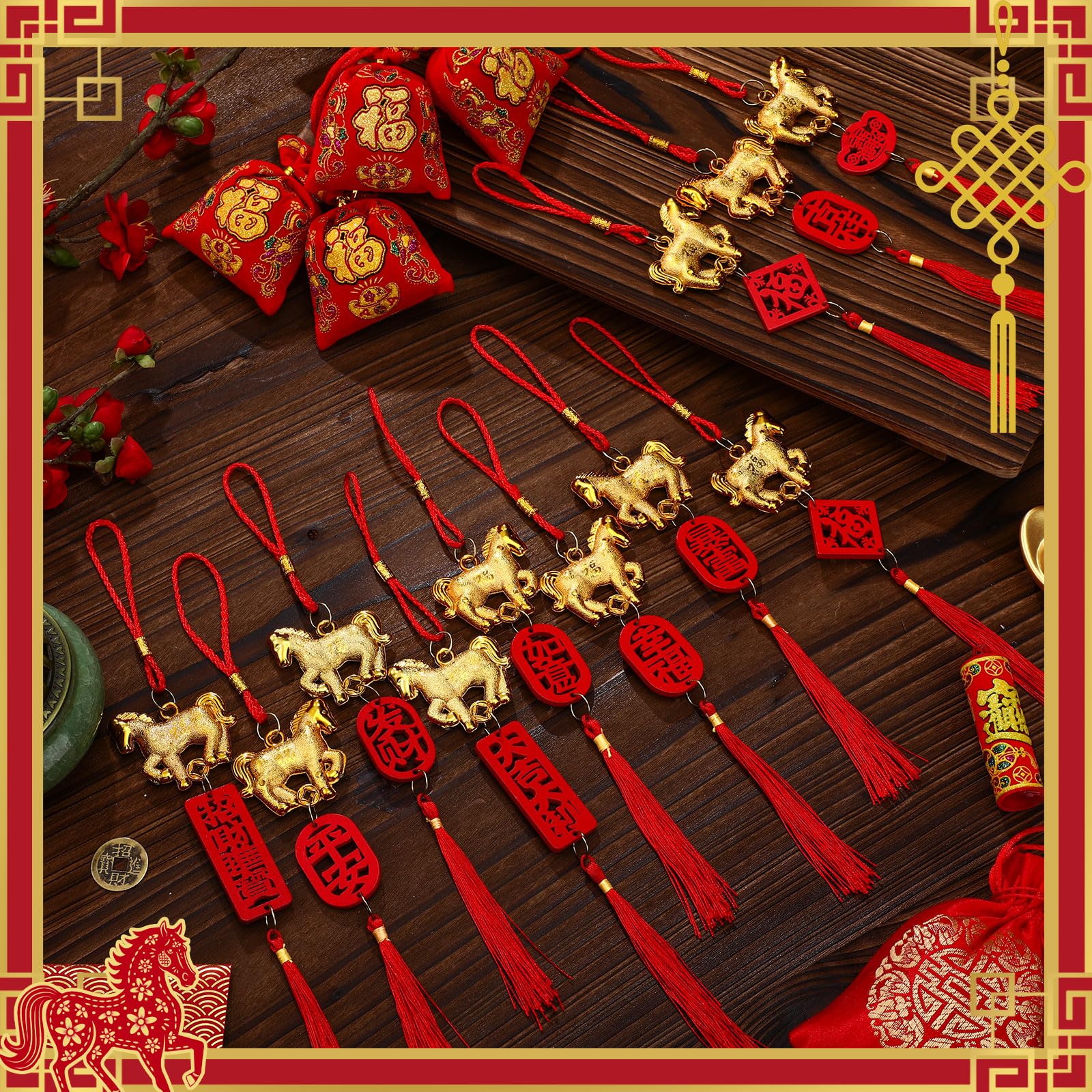 Geosar 12 Pcs Chinese New Year Decorations 2026 Year of The Horse Lucky Charm Lunar Red Hanging Ornaments Feng Shui Tassel Knot Wealth Good Luck for Home, Office, Car, Trees Decor(Horse Style)
