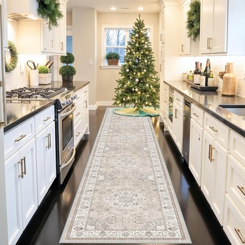 Hallway Washable Runner Rug - Vintage Non-Slip Soft Floor Mat | 3x20 Beige for Entryway & Living Room