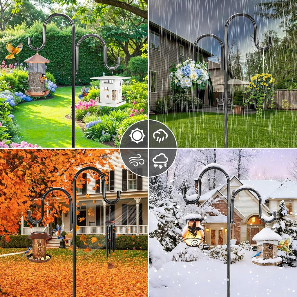 Skiennix 79-Inch Double Shepherds Hooks - Heavy Duty Bird Feeder Pole with 5-Prong Base for Lanterns & Hummingbird Feeders