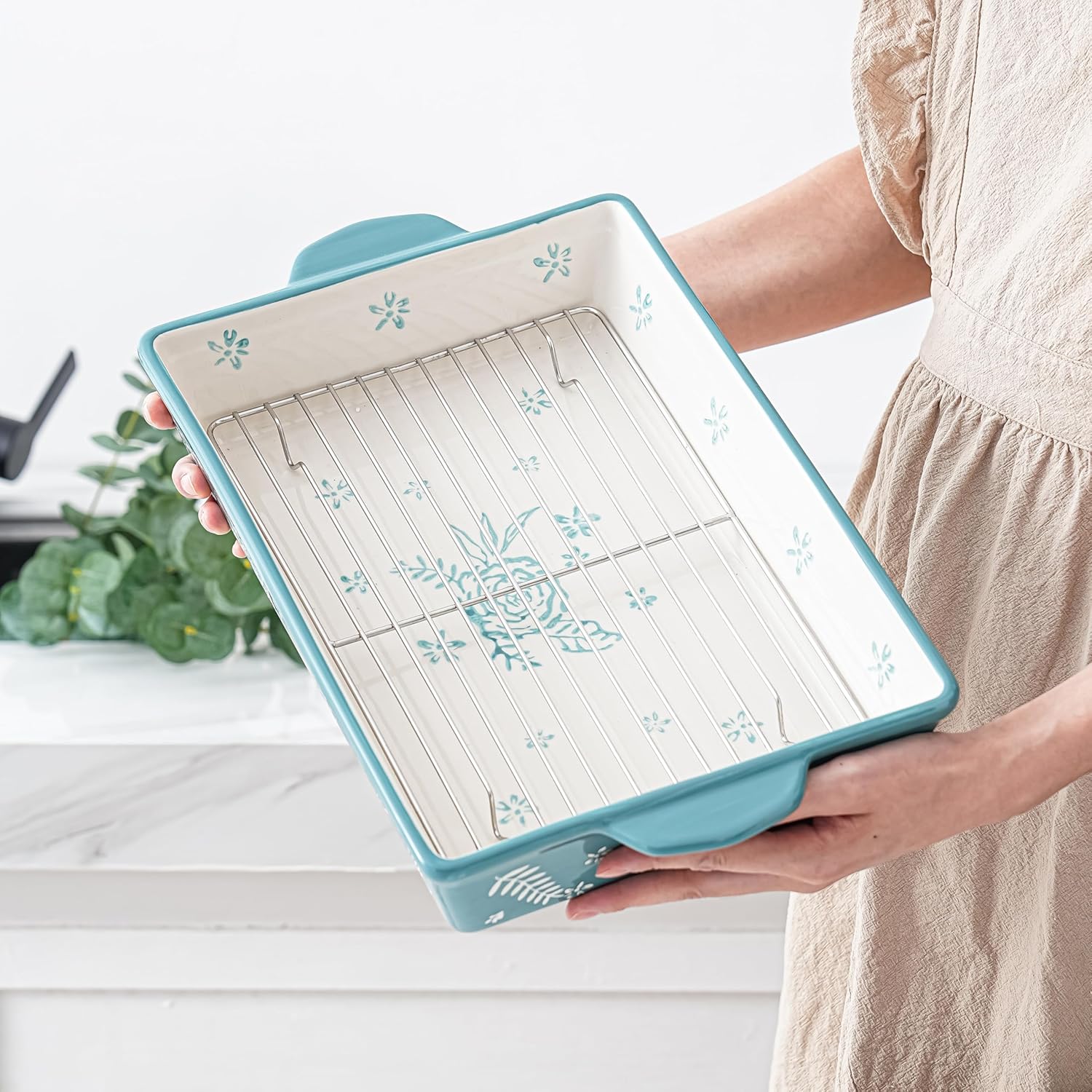 Wisenvoy Casserole Dish - Ceramic Baking Dish with Roasting Rack | Perfect for Lasagna & Oven Use