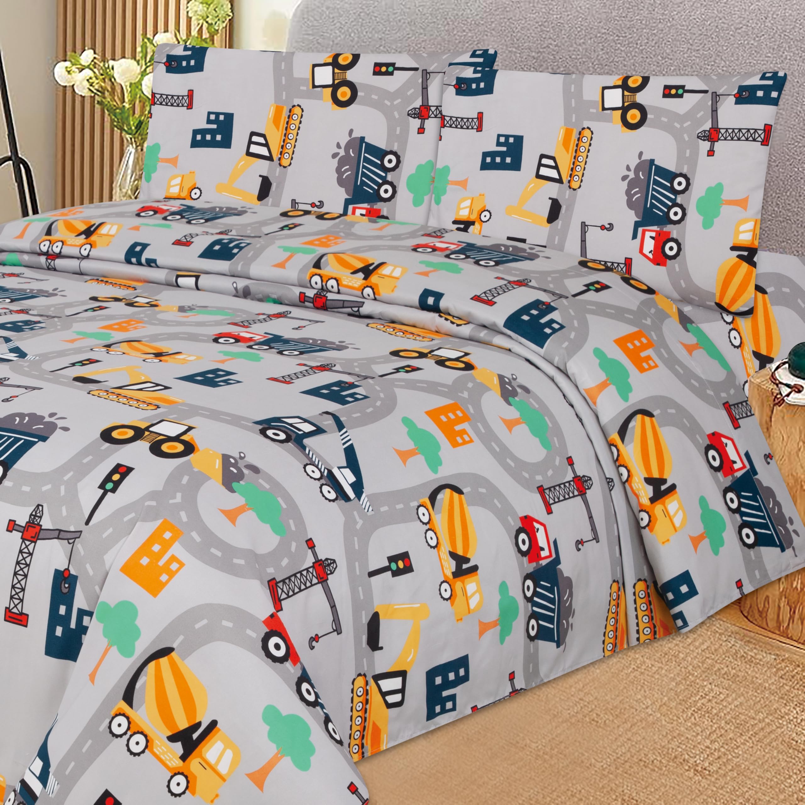 MK Collection Sheet Set Kids Teens Excavator Trucks Yellow Navy Blue Grey Red White Luxury Sheet Set New (Twin)