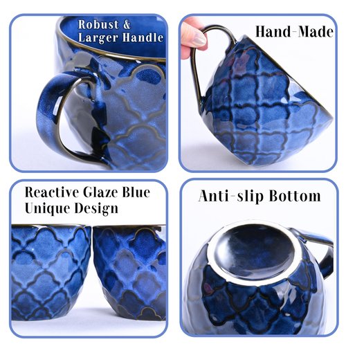 Ceramic Soup Mugs with Handles, 24 oz Microwave Safe Soup Mug/Cup with Lid, Large Soup Mug for Coffee, Cereal, Oatmeal, Salad, Ramen, Noodle, Soup, Housewarming Wedding Gift, Reactive Glaze Blue