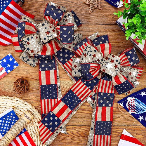 Jutom Patriotic Bow Wreath - Red, White & Blue Star Burlap Bow for 4th of July & Veterans Day | Indoor/Outdoor Decor