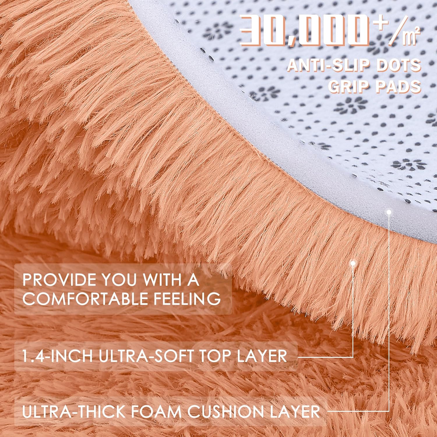 OLANLY Round Area Rug - Muted Orange, Soft & Fluffy Shaggy Carpet for Bedroom, 4 ft Circle