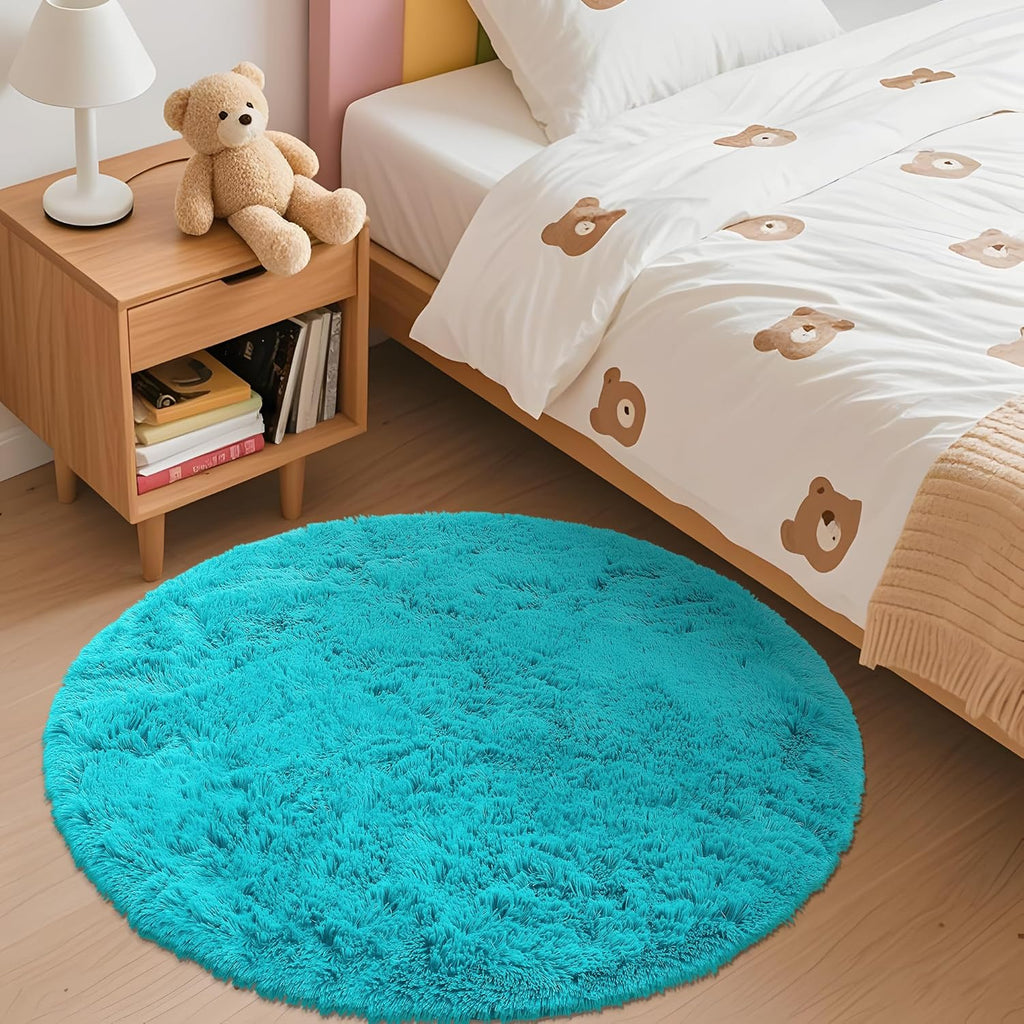 OLANLY Teal Blue Round Rug - Soft, Fluffy Shaggy Carpet for Bedroom & Living Room | 3 ft Circle Area Rug