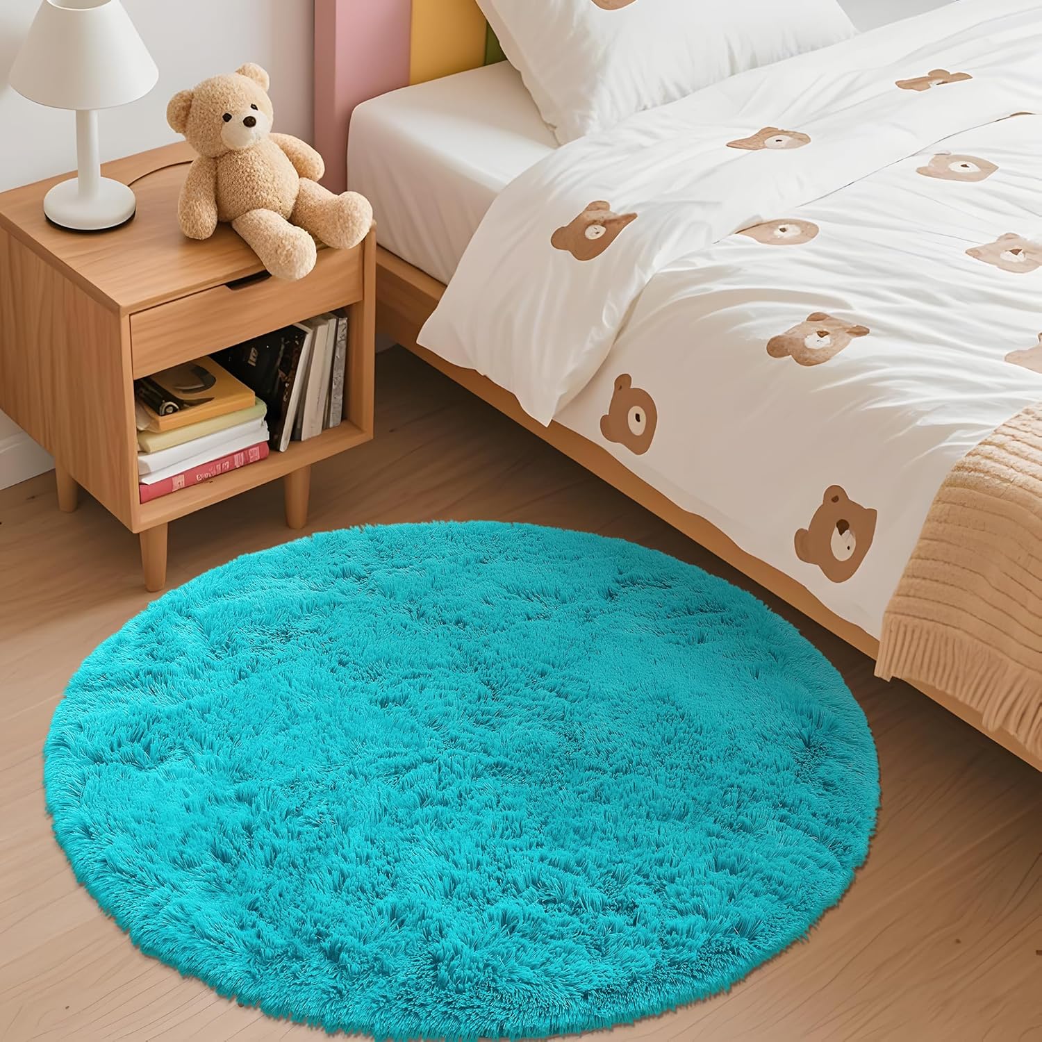 OLANLY Teal Blue Round Rug - Soft, Fluffy Shaggy Carpet for Bedroom & Living Room | 3 ft Circle Area Rug