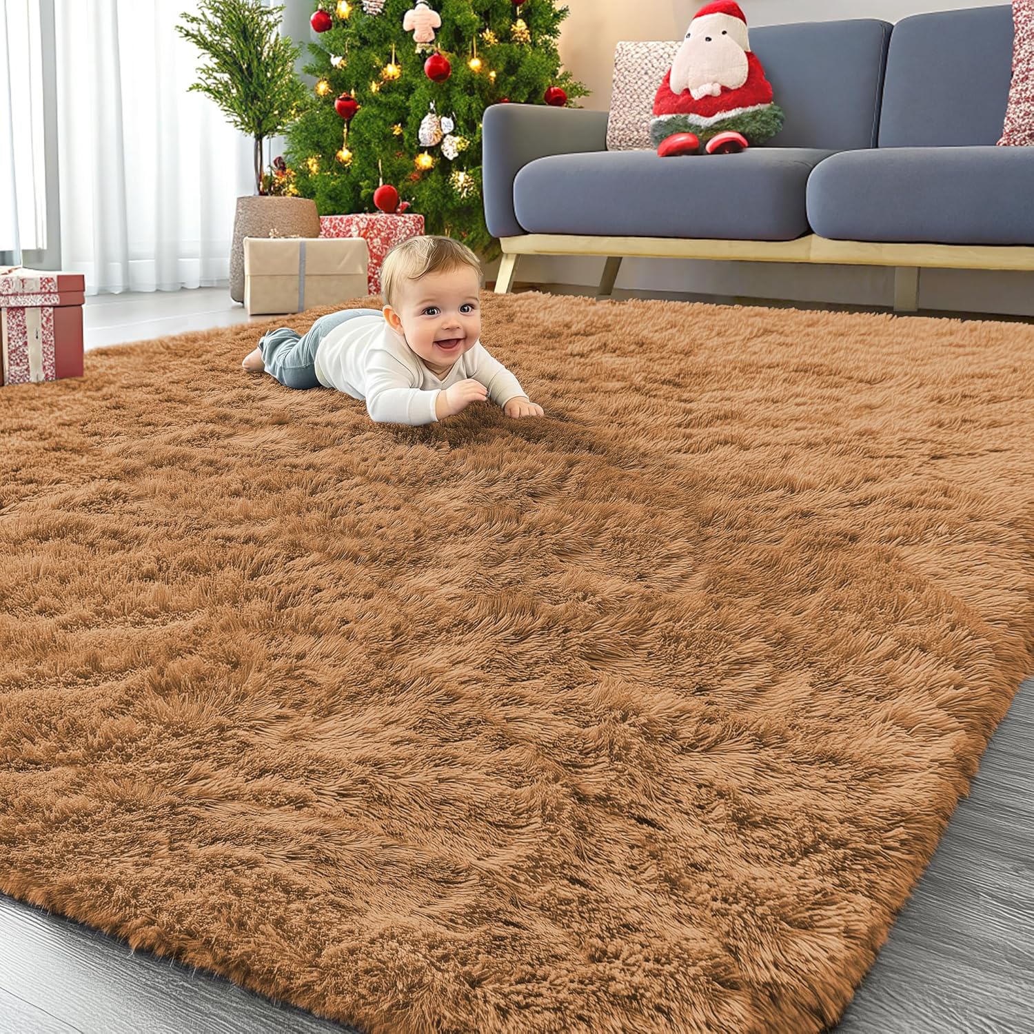 OLANLY Large 8x10 Machine Washable Area Rug - Soft Fluffy Shaggy Indoor Carpet for Living Room & Bedroom | Khaki