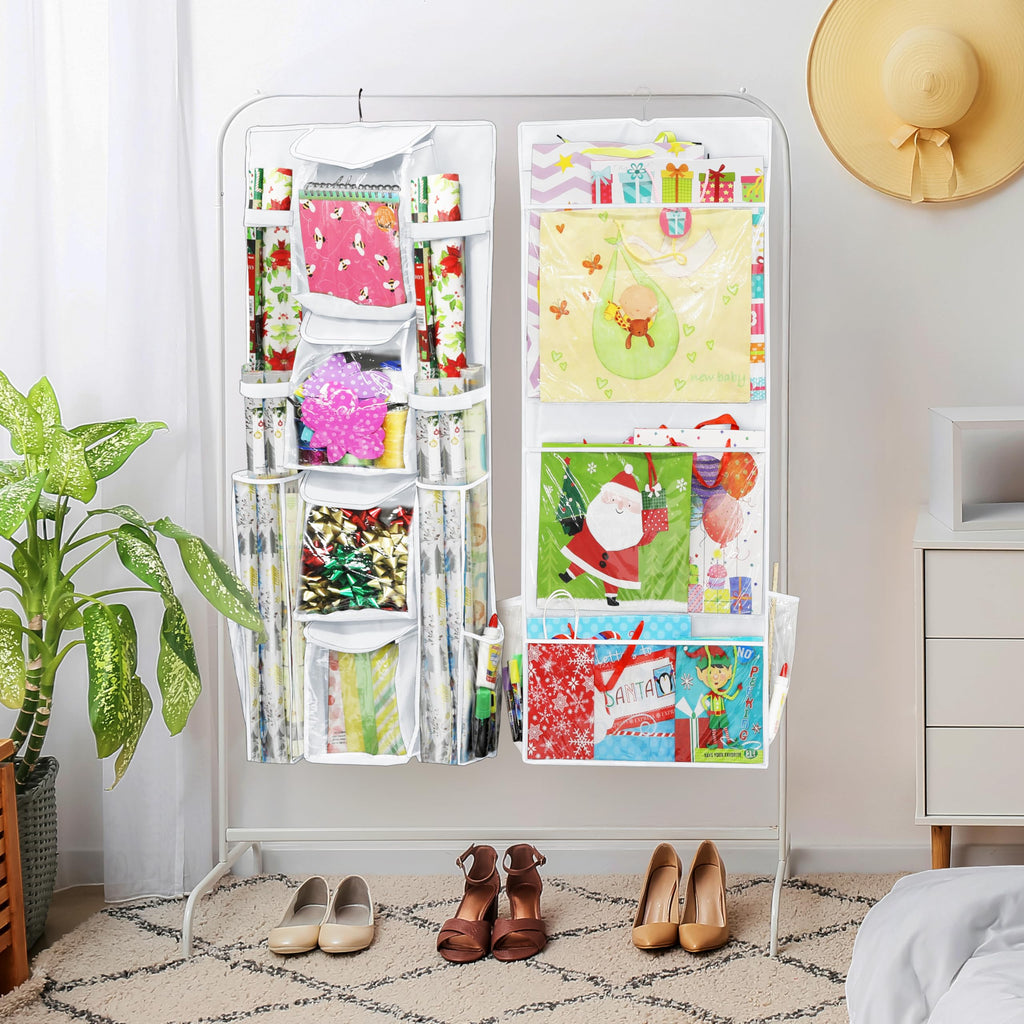 Simple Houseware Double-Sided Hanging Gift Wrap Organizer Storage Pockets, White (Set of 1)