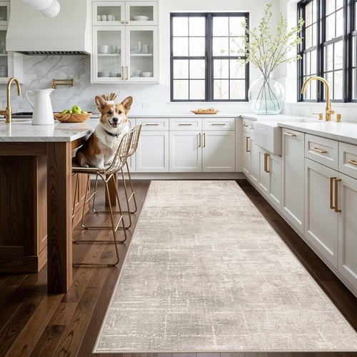 Hallway 4x10 Washable Runner Rug - Stain Resistant Abstract Design | Soft Non-Slip Carpet for Kitchen, Entryway, and Living Room (Beige/Cream)