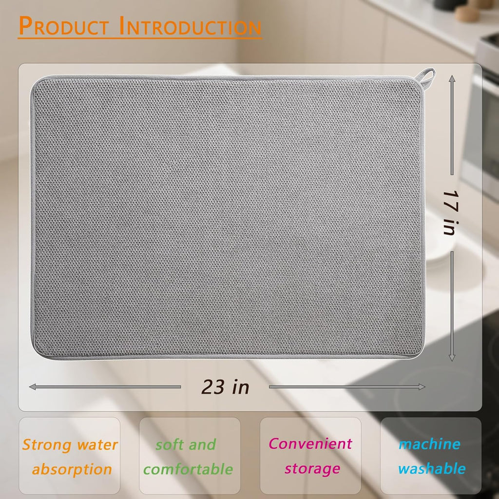 Skiennix XXL Microfiber Dish Drying Mat - 23" x 17" Ultra Absorbent Kitchen Counter Mat | Grey