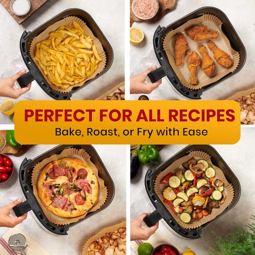 Baker's Signature Air Fryer Paper Liners - 125 Pcs Non-Stick & Oil Proof for Easy Cleanup | 8” Square for 5-8 Qt Baskets