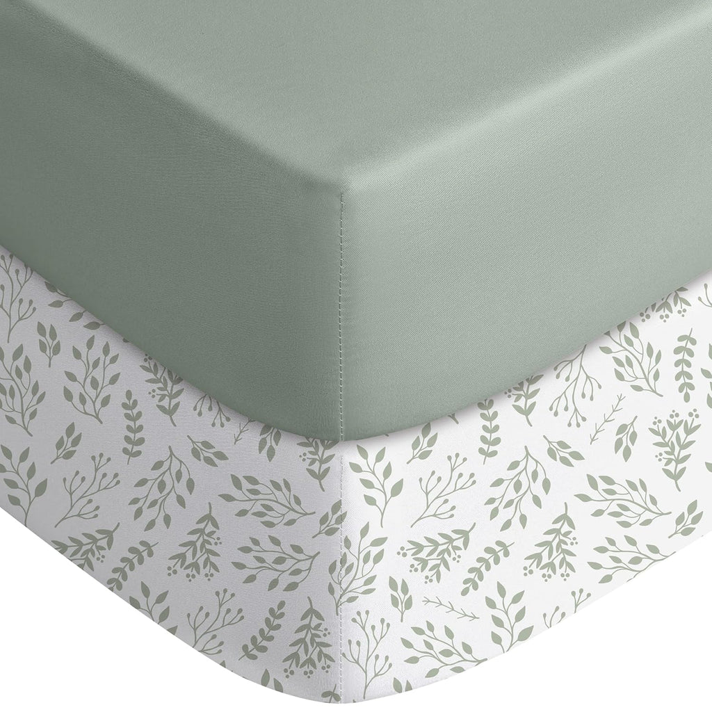 Yoofoss Fitted Baby Crib Sheets - Super Soft Microfiber 2-Pack for Standard Crib & Toddler Mattress | Green & Leaf Design 28x52x8in