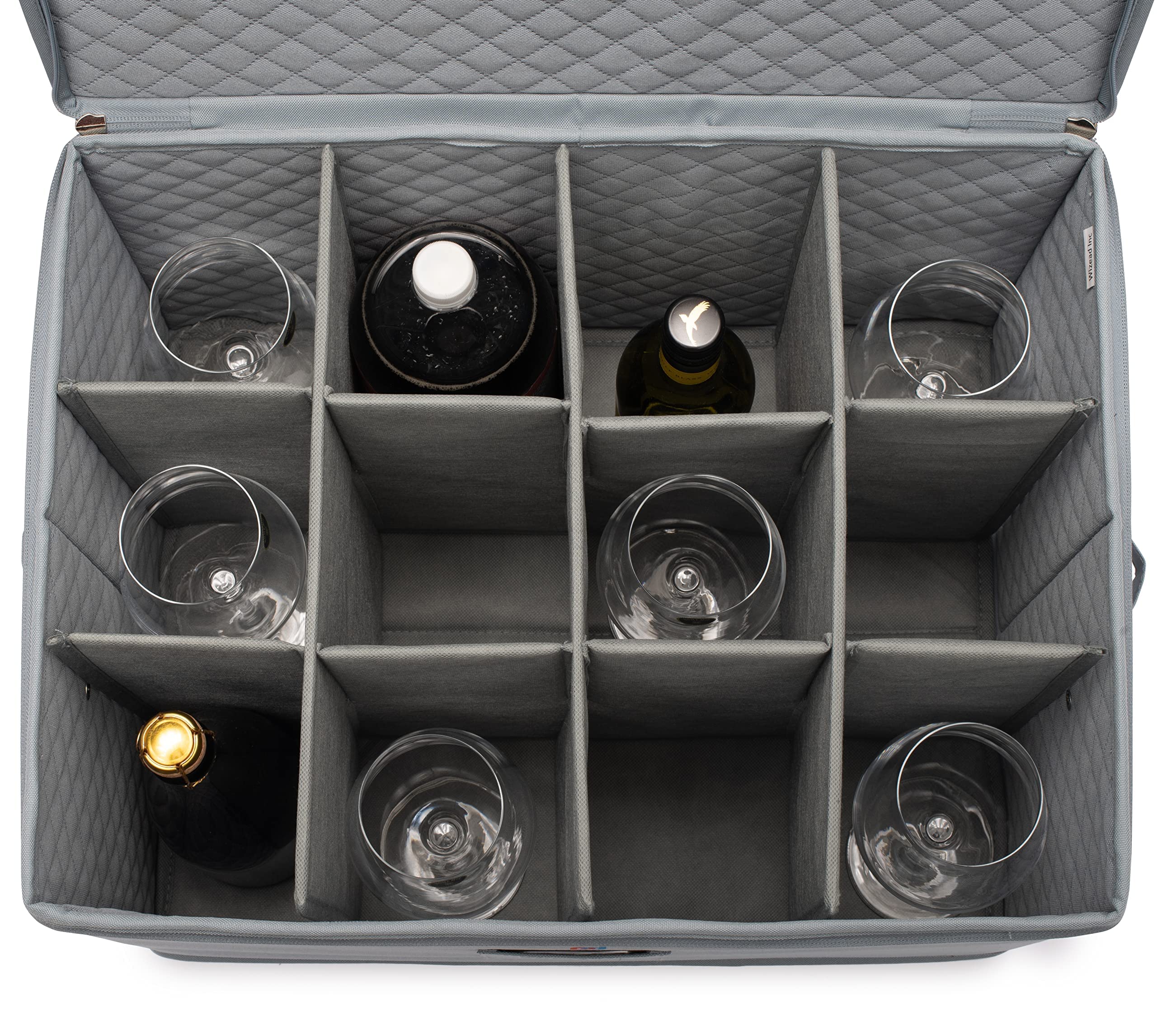 MOJECTO Extra Large Tall Hard Stemware Storage Box (20x15.5x13.2 In). 12-Large Padded Compartments For Wine Bottles, Glasses, Flutes, martini Up To 13.2 In Tall