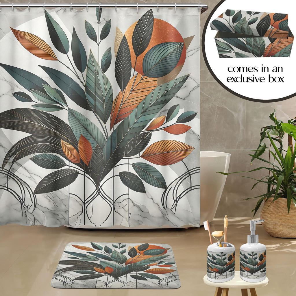 Ambesonne Boho Bathroom Decor Set 4 Pcs, Shower Curtain Bath Mat Soap Dispenser Toothbrush Holder in a Gift Box Essentials and Accessories, Mid Century Exotic Leaf, Orange Laurel Green Grey