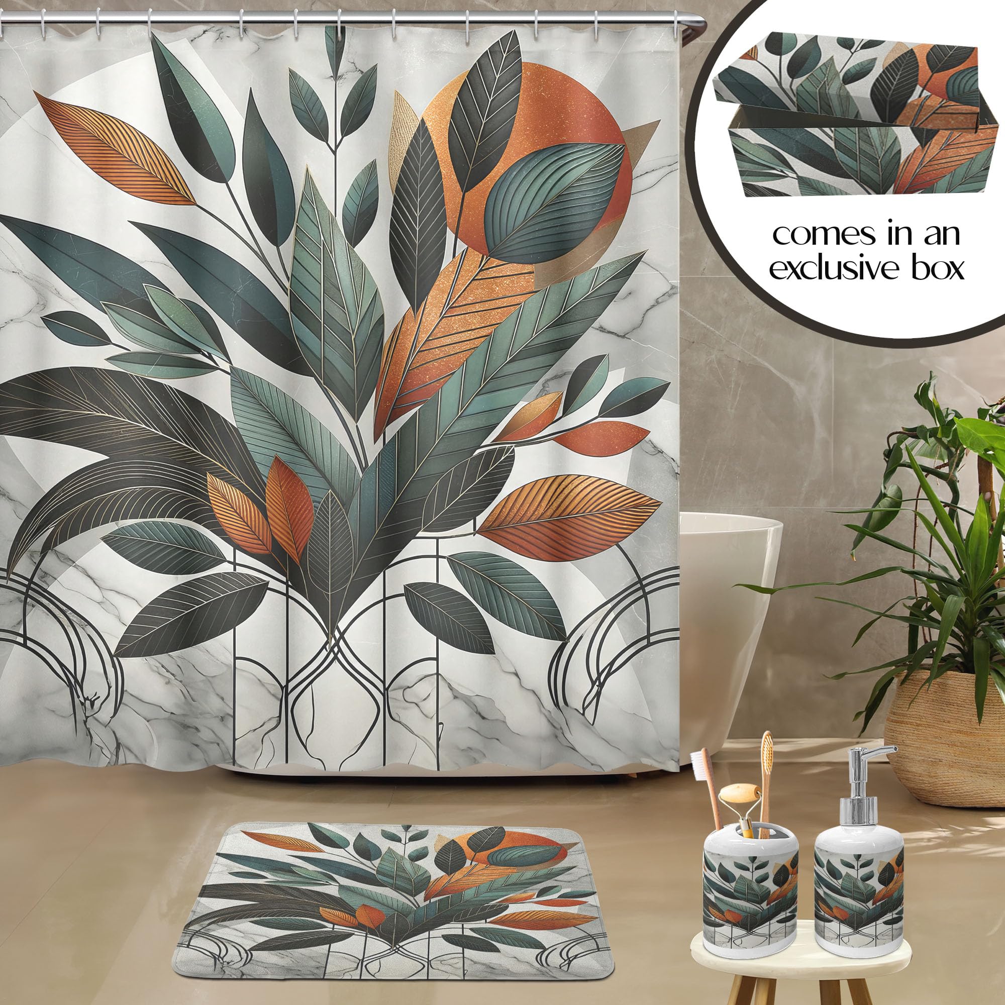 Ambesonne Boho Bathroom Decor Set 4 Pcs, Shower Curtain Bath Mat Soap Dispenser Toothbrush Holder in a Gift Box Essentials and Accessories, Mid Century Exotic Leaf, Orange Laurel Green Grey