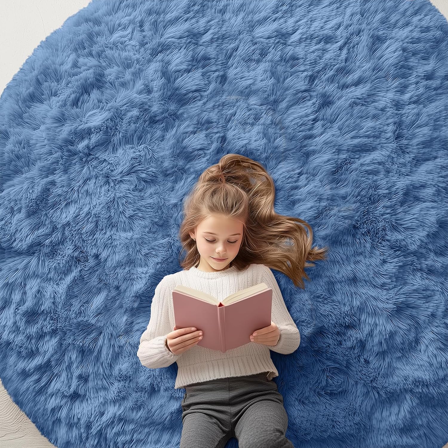 OLANLY Blue Round Area Rug - Soft, Fluffy, Machine Washable 6 ft Circle Carpet for Bedroom & Living Room