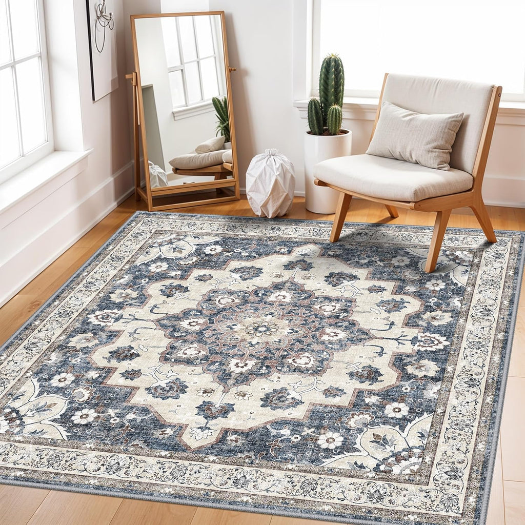 Regine Switzerland Washable 4x4 Square Area Rug - Soft, Non-Slip Carpet for Living Room & Bedroom | Stain Resistant, Blue
