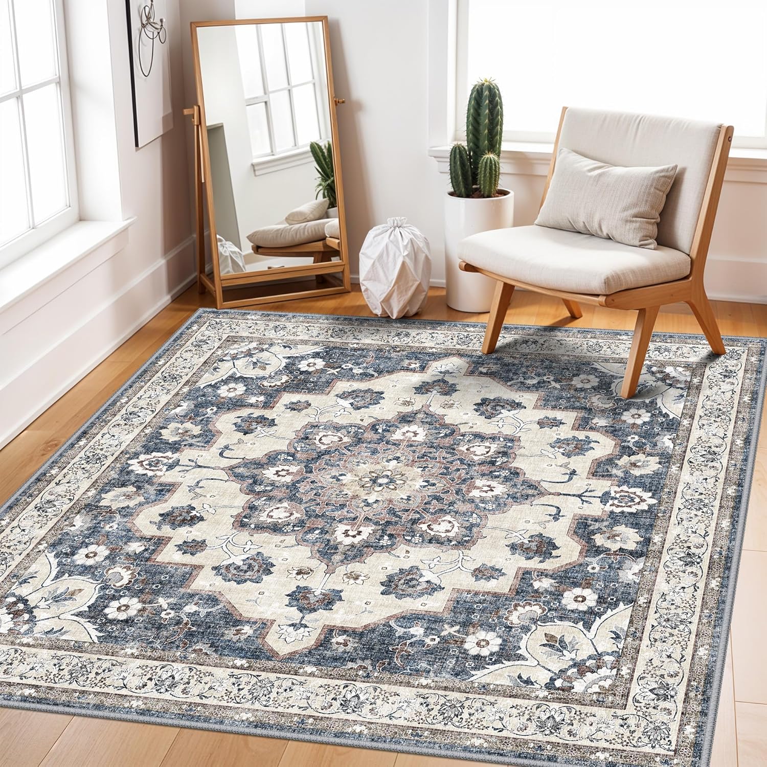 Regine Switzerland Washable 4x4 Square Area Rug - Soft, Non-Slip Carpet for Living Room & Bedroom | Stain Resistant, Blue