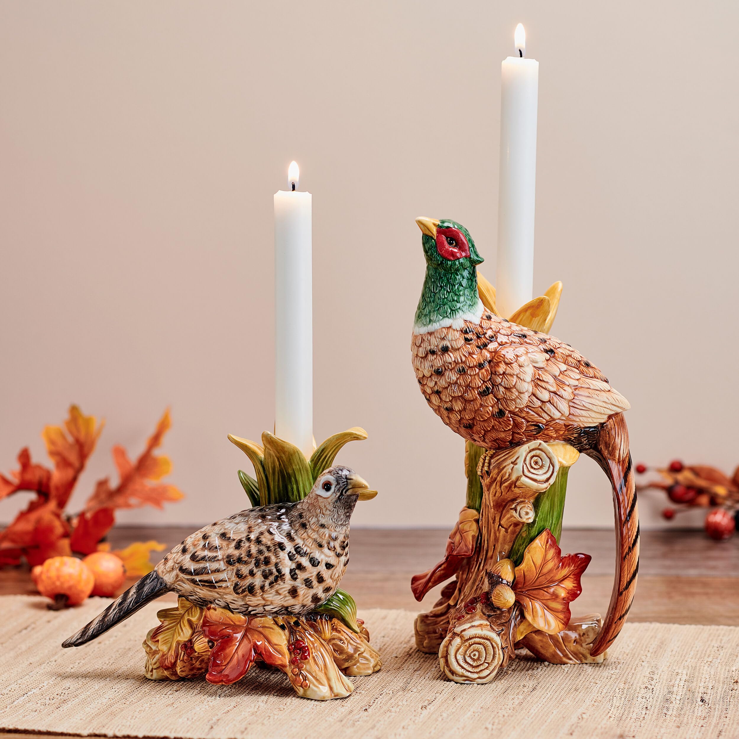 Fitz and Floyd Fall Harvest Pheasant Ceramic Figurine Candleholders, Set of 2, 10.5 and 6.25 inches Tall