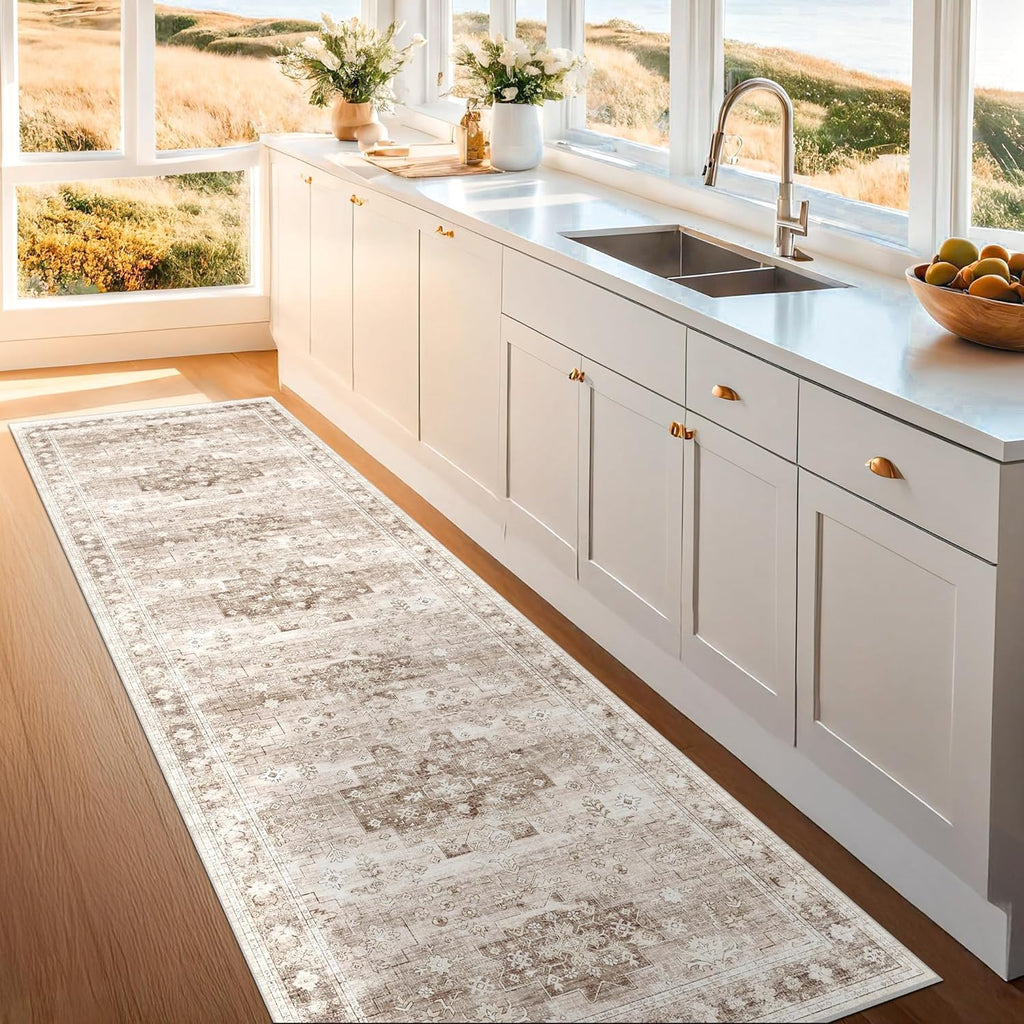 Beige Washable Runner Rug - Extra Long 2'6"x10' | Non-Slip Indoor Floor Mat for Hallways & Entryways