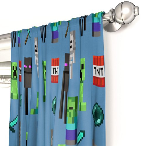 Jay Franco Kids Window Drapes - 4 Piece Curtain Set Includes 2 Tiebacks, Beautiful Bedding Room Décor and Easy Set Up, Blue - Minecraft, 84 Inch