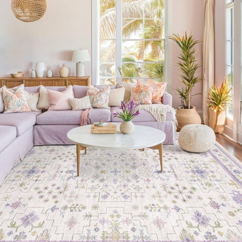 Hazo Haus Lavender Area Rug - Non-Slip, Washable, Low Pile for Bedroom & Kids Playroom | 6x9 ft Boho Décor