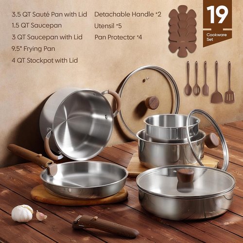 CAROTE 19-Piece Stainless Steel Cookware Set - Induction-Compatible Pots & Pans with Removable Handles | Oven Safe, Woodgrain Finish