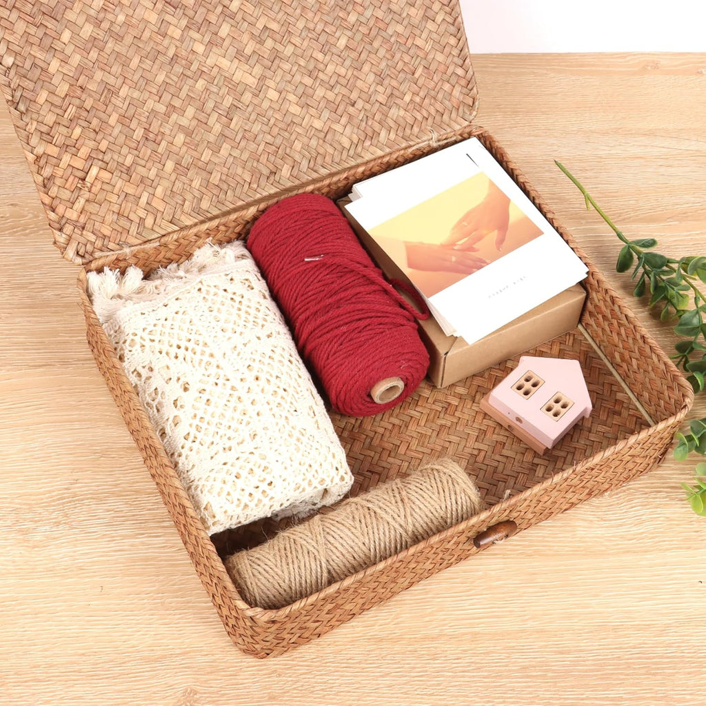Moosky Wicker Shelf Baskets - Handwoven Seagrass Storage Bins with Lids | Coffee Set of 2