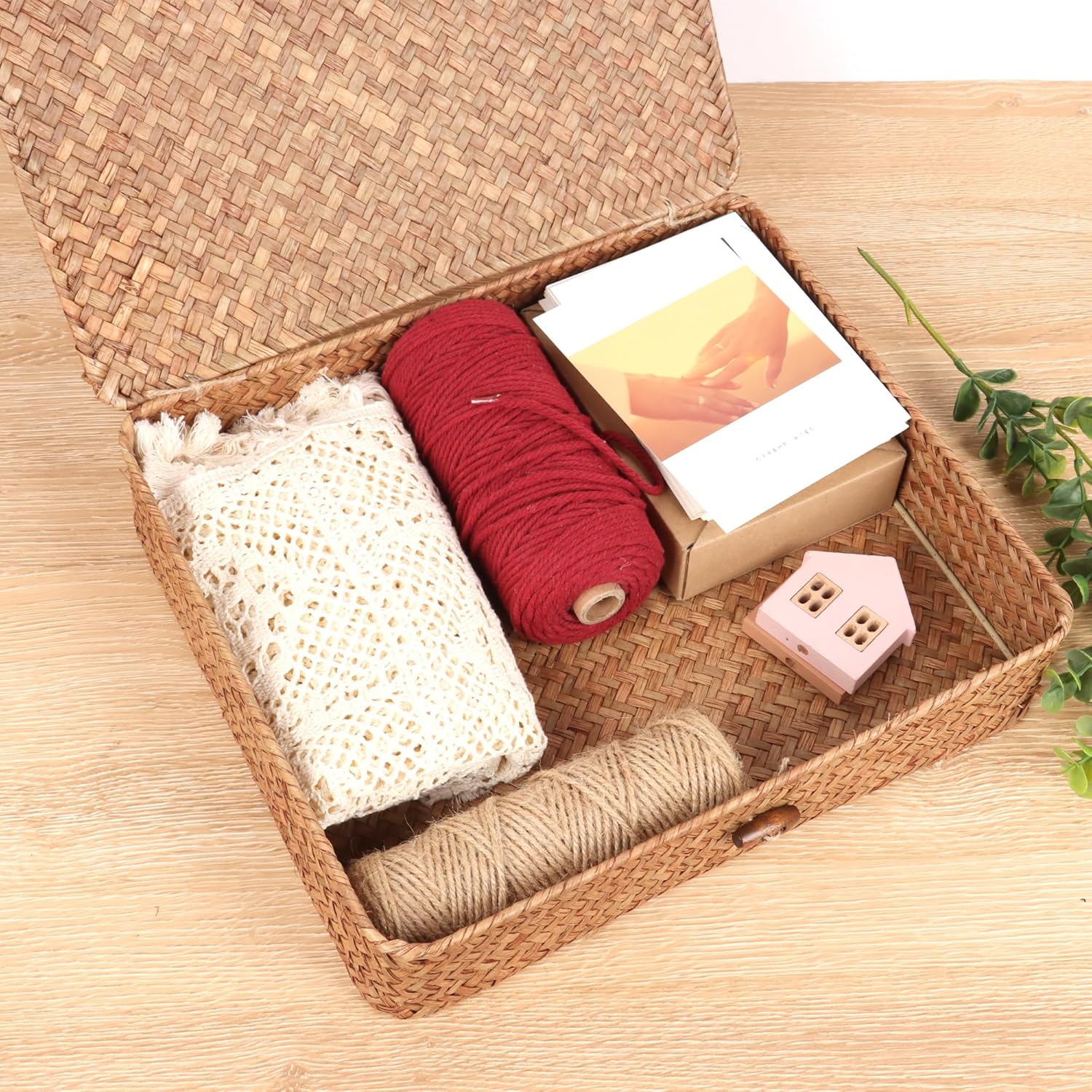 Moosky Wicker Shelf Baskets - Handwoven Seagrass Storage Bins with Lids | Coffee Set of 2