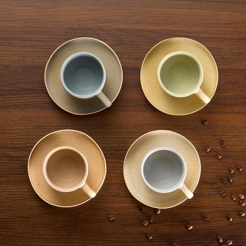 KooK Espresso Mug and Saucer Set - Rustic Ceramic Cups with Feathered Texture | Dishwasher Safe, Set of 4 (5.5 Oz)