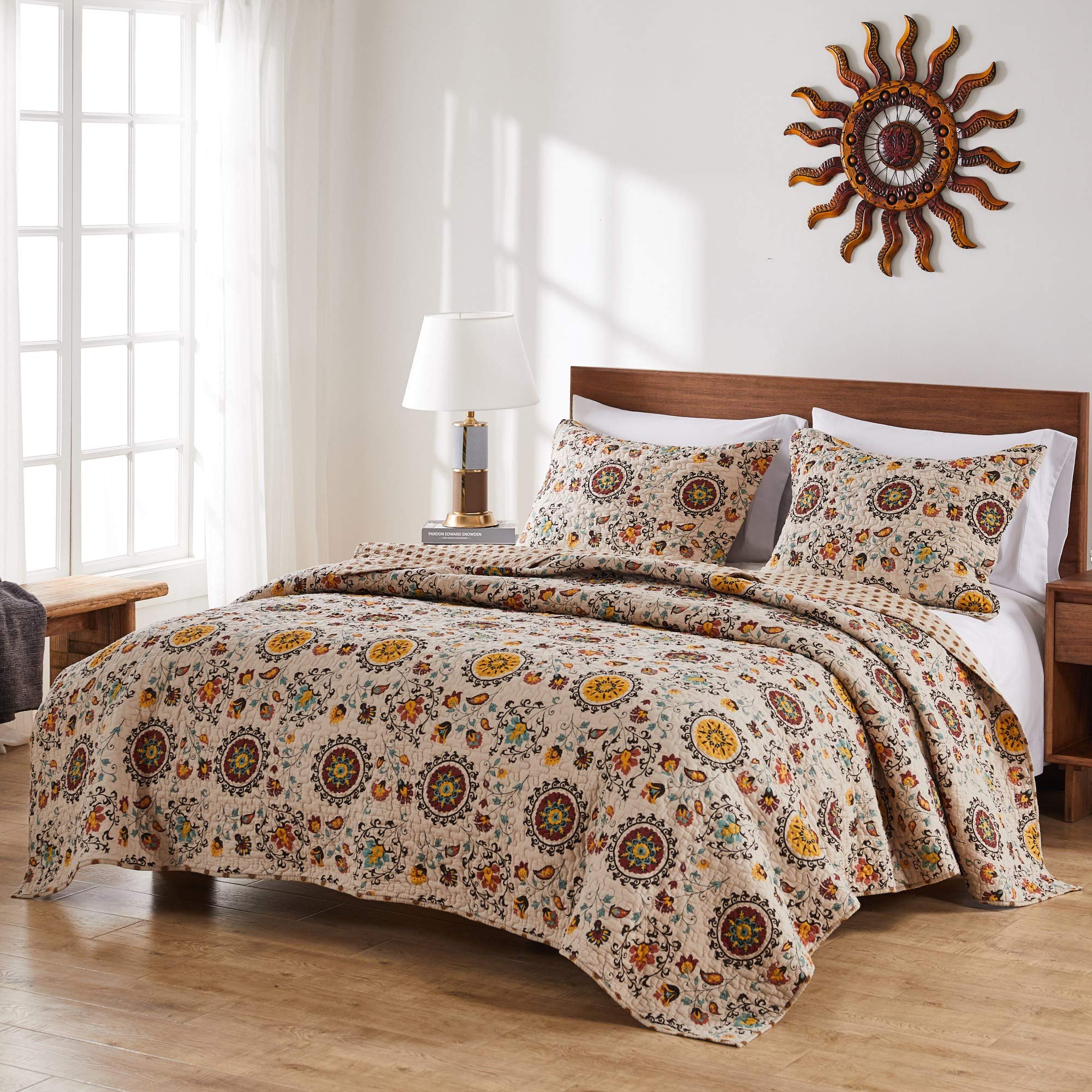 Greenland Home Andorra 100% Cotton Reversible Suzani Quilt Set, Full/Queen (3 Piece)