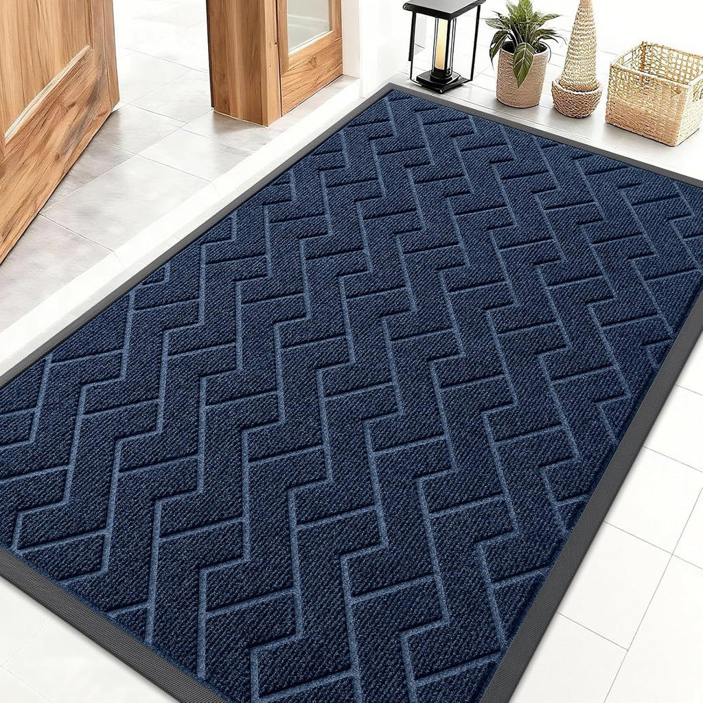 OLANLY Waterproof Front Door Mat - All-Season, Sturdy Natural Rubber, Easy Clean Herringbone Design (Blue, 47x32)