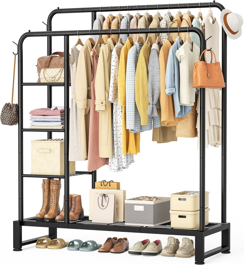 Skiennix Double Rods Clothes Rack - Multifunctional Heavy-Duty Organizer with 4-Tier Shelves | Black
