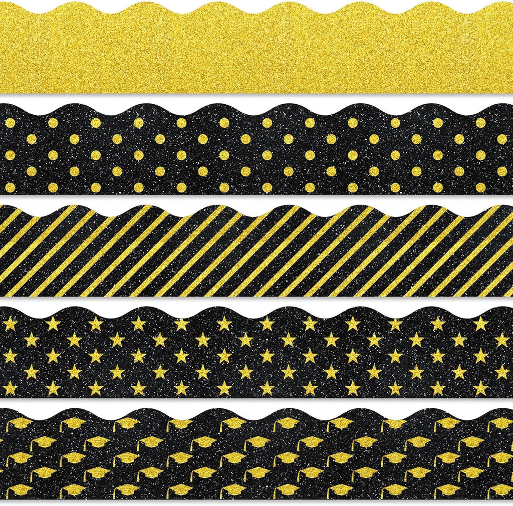 Whaline Graduation Bulletin Board Borders - Glitter Black & Gold Cap & Star Trim | 69 Ft Classroom Decor