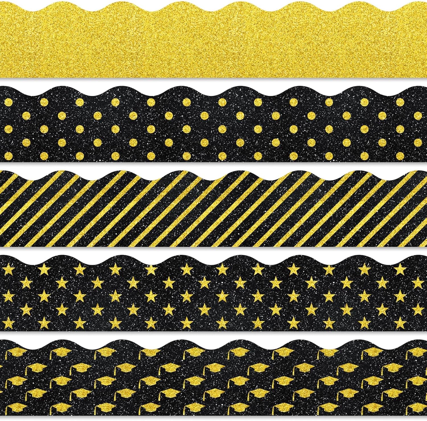 Whaline Graduation Bulletin Board Borders - Glitter Black & Gold Cap & Star Trim | 69 Ft Classroom Decor