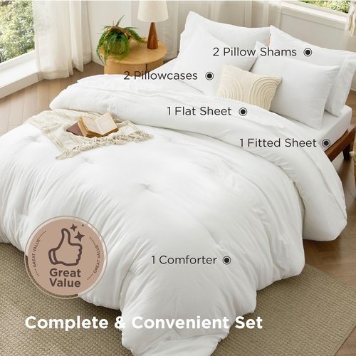 Bedsure King Size Comforter Set, White Soft Prewashed Bedding for All Seasons, 7 Pieces Warm Winter Down Alternative Bed Set, Fluffy Bed in a Bag with Sheets, Pillowcases & Shams