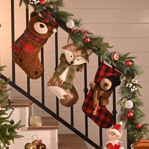 Valery Madelyn Christmas Stockings Decorations, 21 Inch Fabric Red Black Tartan Bear Cute Plush Personalized Fireplace Hanging Ornament for Holiday Xmas Party Decor