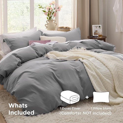 Bedsure Grey Duvet Cover Set - Twin/Twin XL Size, Extra Soft Prewashed Cotton-Like Polyester, 2 Pieces