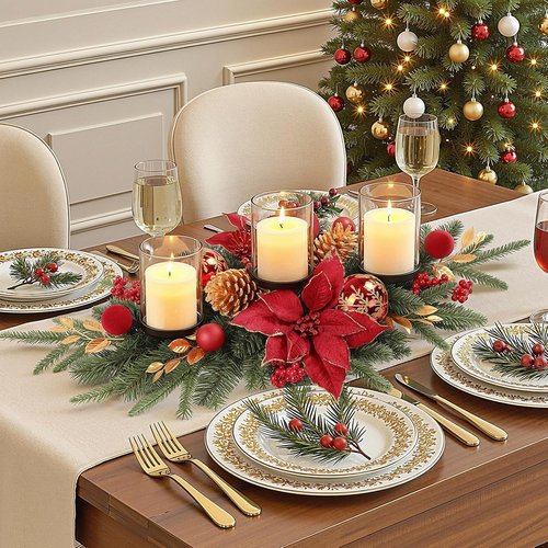 Alupssuc 28" Christmas Centerpiece - Elegant Candle Holders with Baubles & Pine Cones | Holiday Table Decor