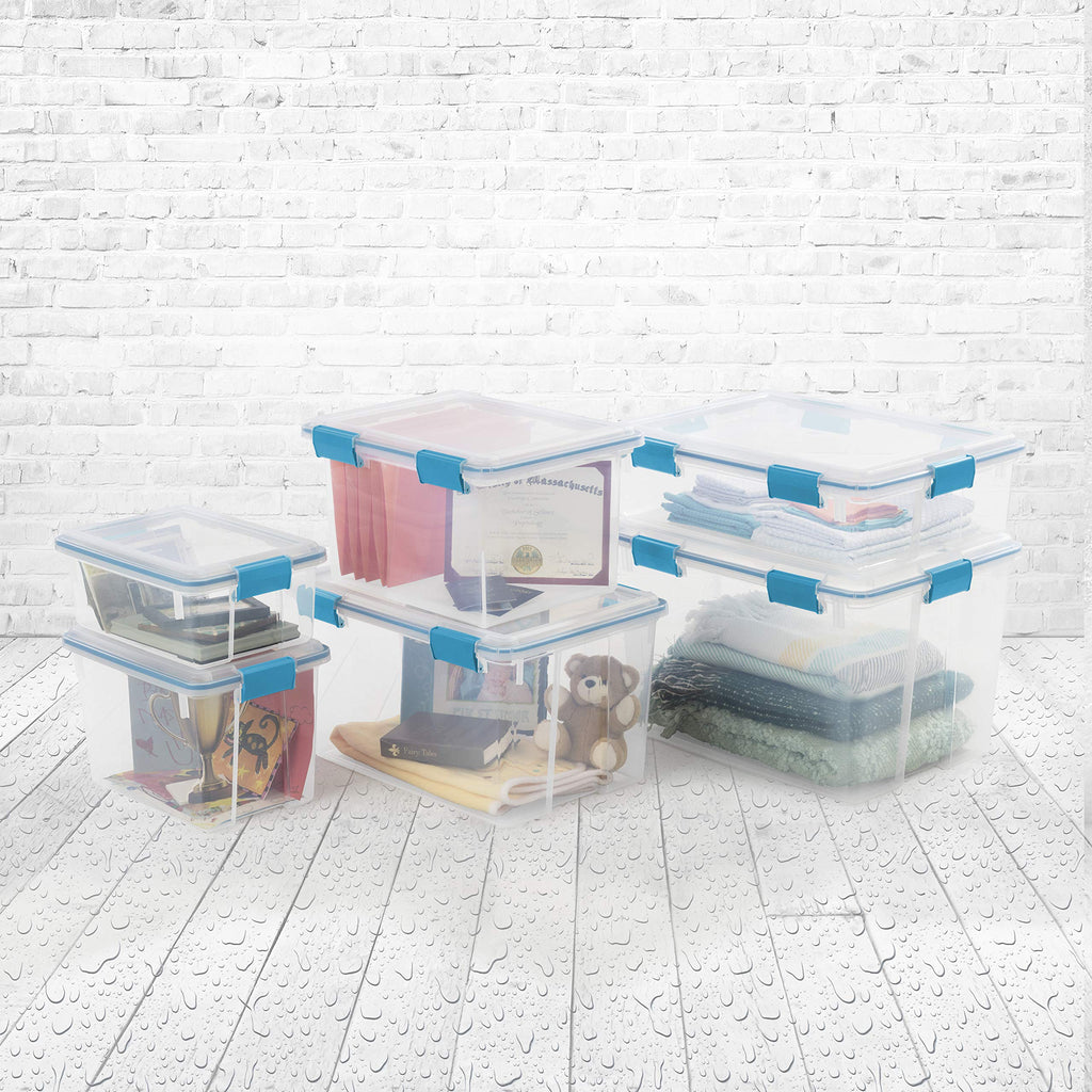 Sterilite 37 Qt Gasket Box, Stackable Storage Bin with Latching Lid and Tight Seal, Plastic Container to Organize Underbed, Clear Base and Lid, 4-Pack