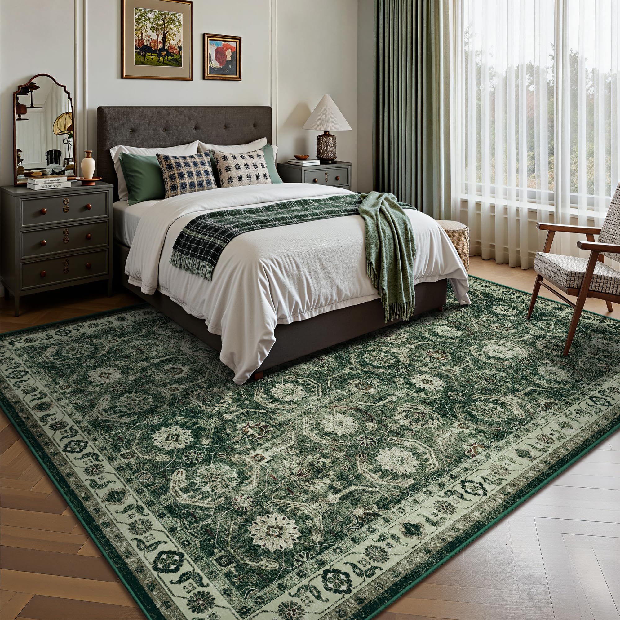 Woodbruy 5x7 Area Rugs, Soft Non Slip Low Pile Washable Rug, Boho Modern Rug for Living Room, Bedroom, Dining Room, Sage Green