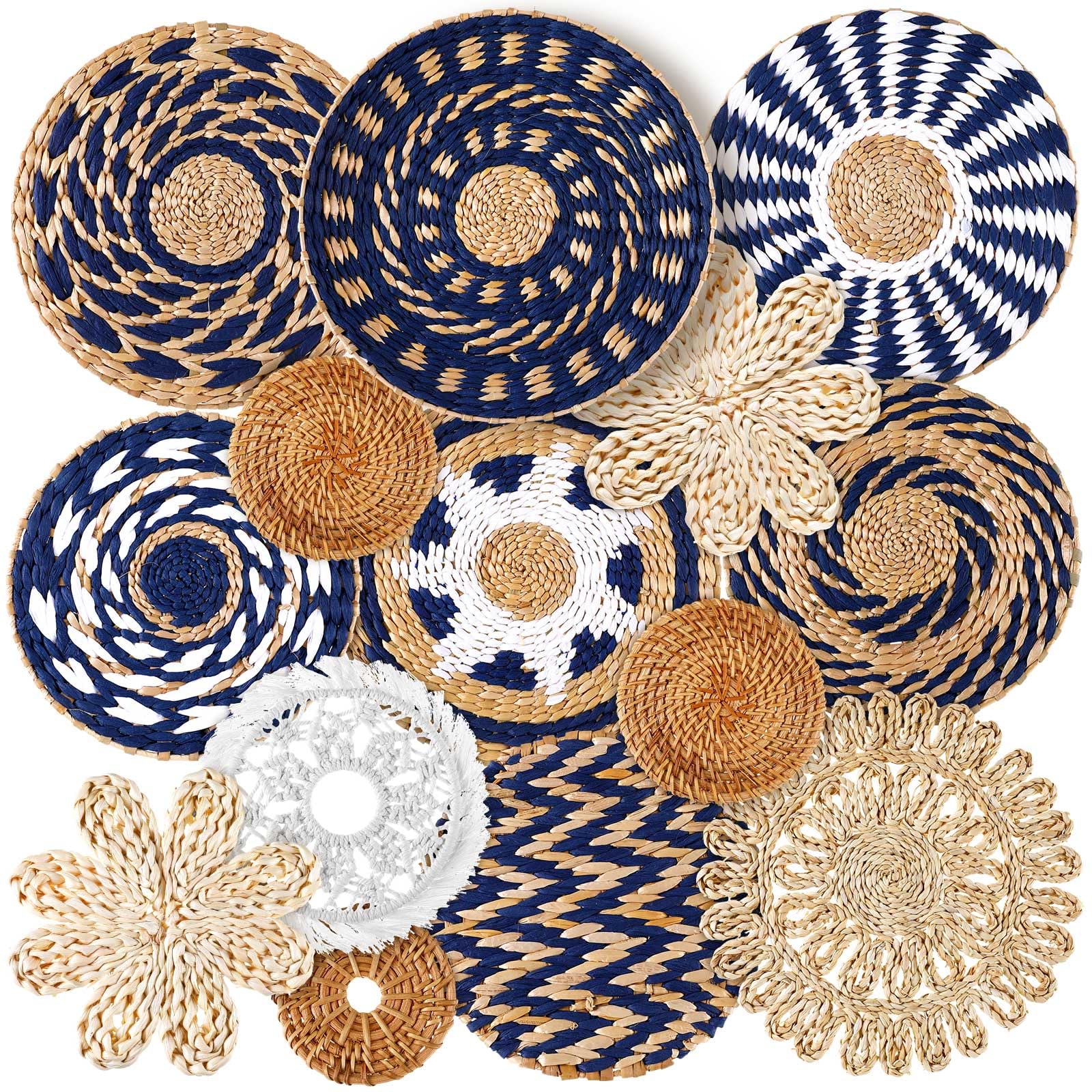 Xuhal 15 Pcs Boho Wall Basket Decor Handcrafted Seagrass Woven Wall Basket Rustic Round Woven Hanging Art for Home Farmhouse Kitchen Table Living Room(Blue Classic Style)