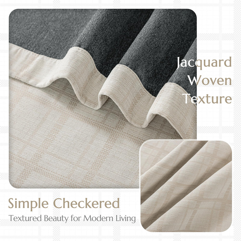 Beauoop Beige Plaid Jacquard Blackout Curtains 84 Inches Long 2 Panels for Bedroom Living Room Gingham Checkered Room Darkening Thermal Insulated Soundproof Grommet Window Drapes, 52x84 2 Set