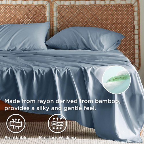 Bedsure Cooling Bed Sheets - Breathable Rayon from Bamboo, Deep Pocket Up to 16 Inches, Dusty Blue