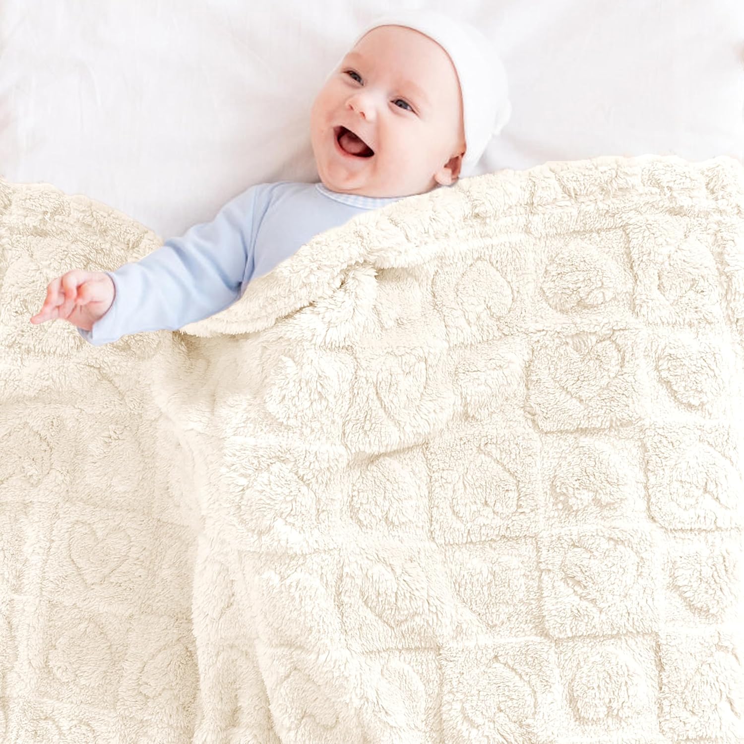 Yurhap Fleece Baby Blanket - Ultra Soft Heart Checkered Design | Cozy 30”x40” Crib & Stroller Blanket (Cream)