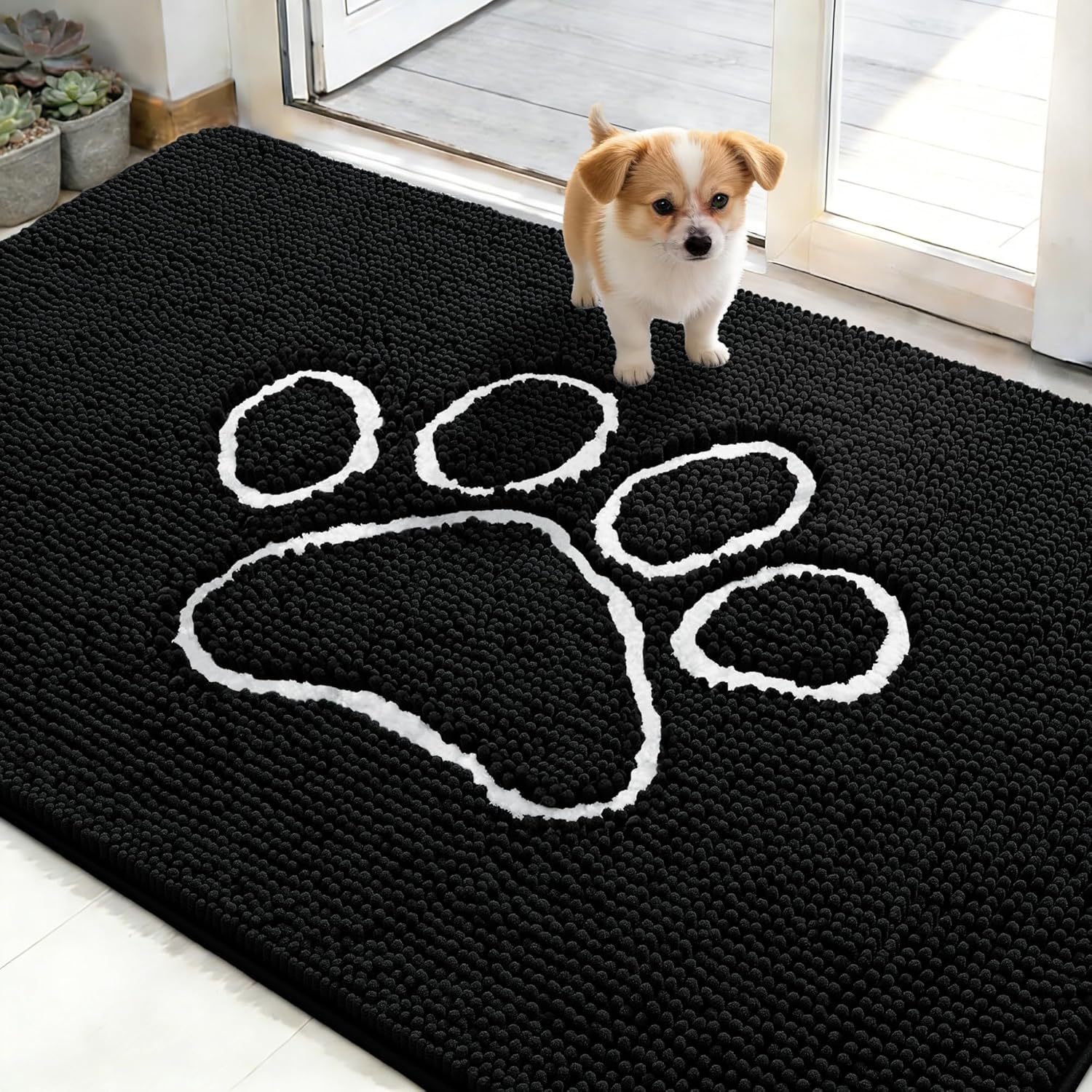OLANLY Dog Door Mat - Absorbent Non-Slip Mud Mat for Paws | 48x30 Black Chenille Design