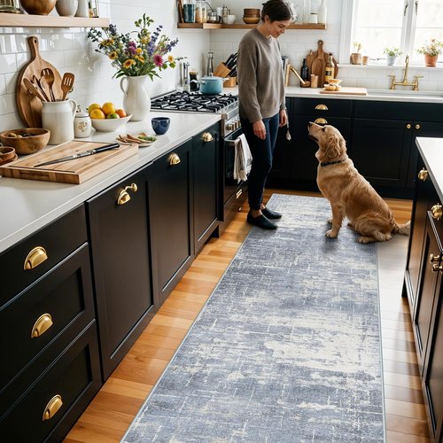 **Hallway 2x10 Washable Runner Rug - Abstract Low-Pile Stain Resistant | Cozy Non-Slip Area Rug in Blue/Ivory**