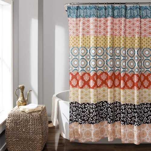 Lush Decor Bohemian Stripe Shower Curtain 72" W x 72" L Turquoise & Orange - Bathroom Curtain - Striped Shower Curtain - Boho Decor - Fabric Shower Curtains