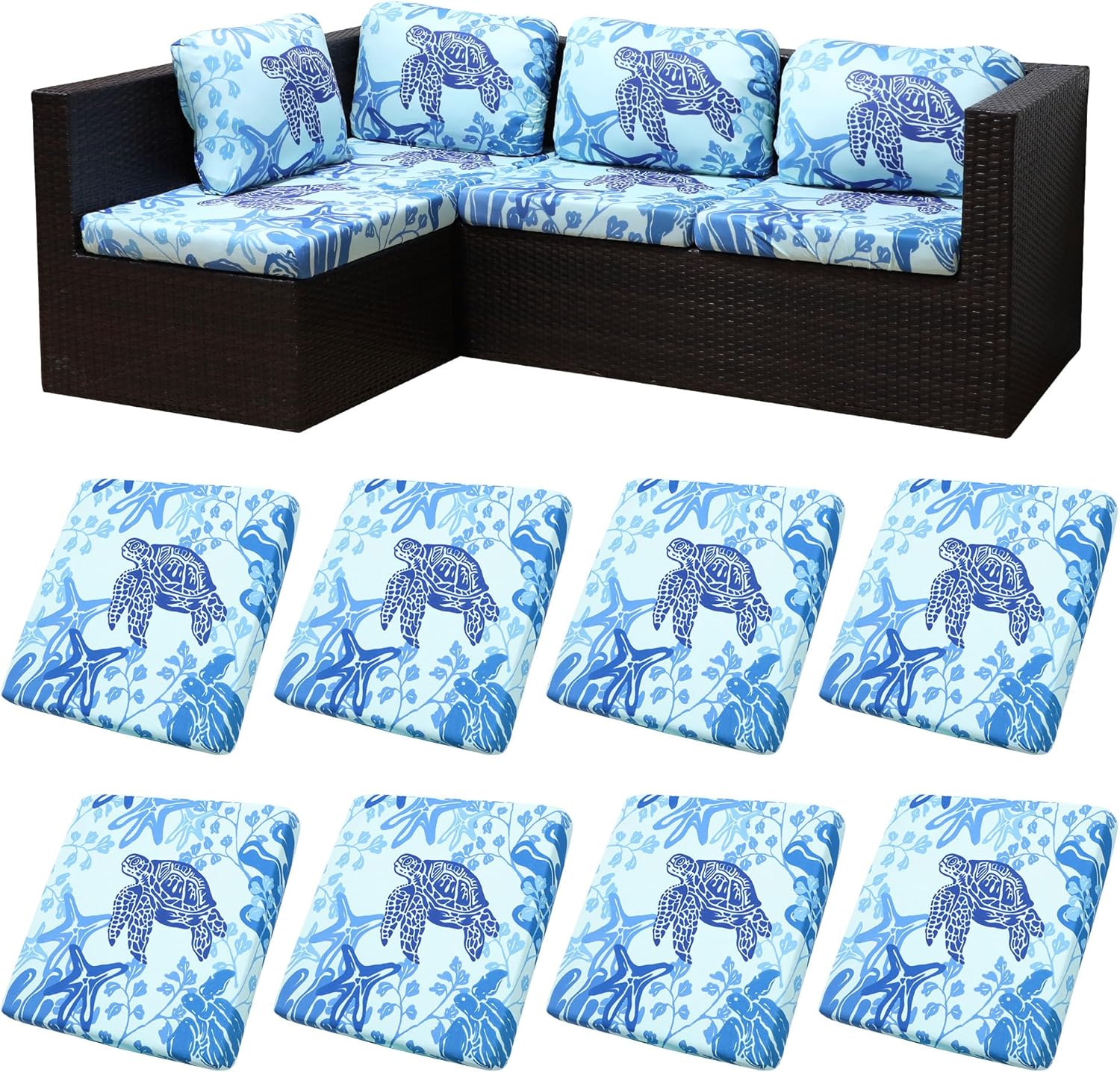 Skiennix 8Pcs Stretch Patio Cushion Covers - Washable Outdoor Sofa Slipcovers | Sea Turtle Design