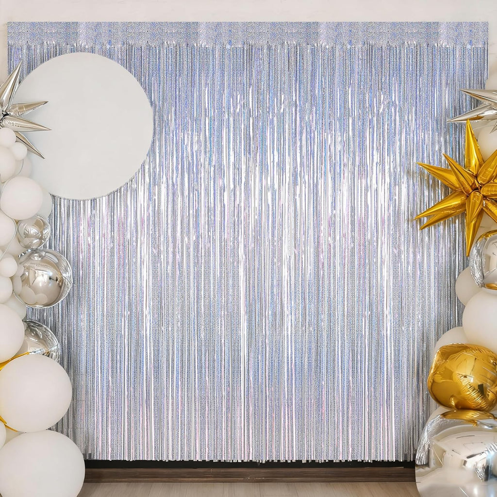 Skiennix Silver Metallic Tinsel Foil Curtains - 2 Pack Glitter Fringe Backdrop | 3.28 FT x 7.05 FT for NYE & Birthday Parties